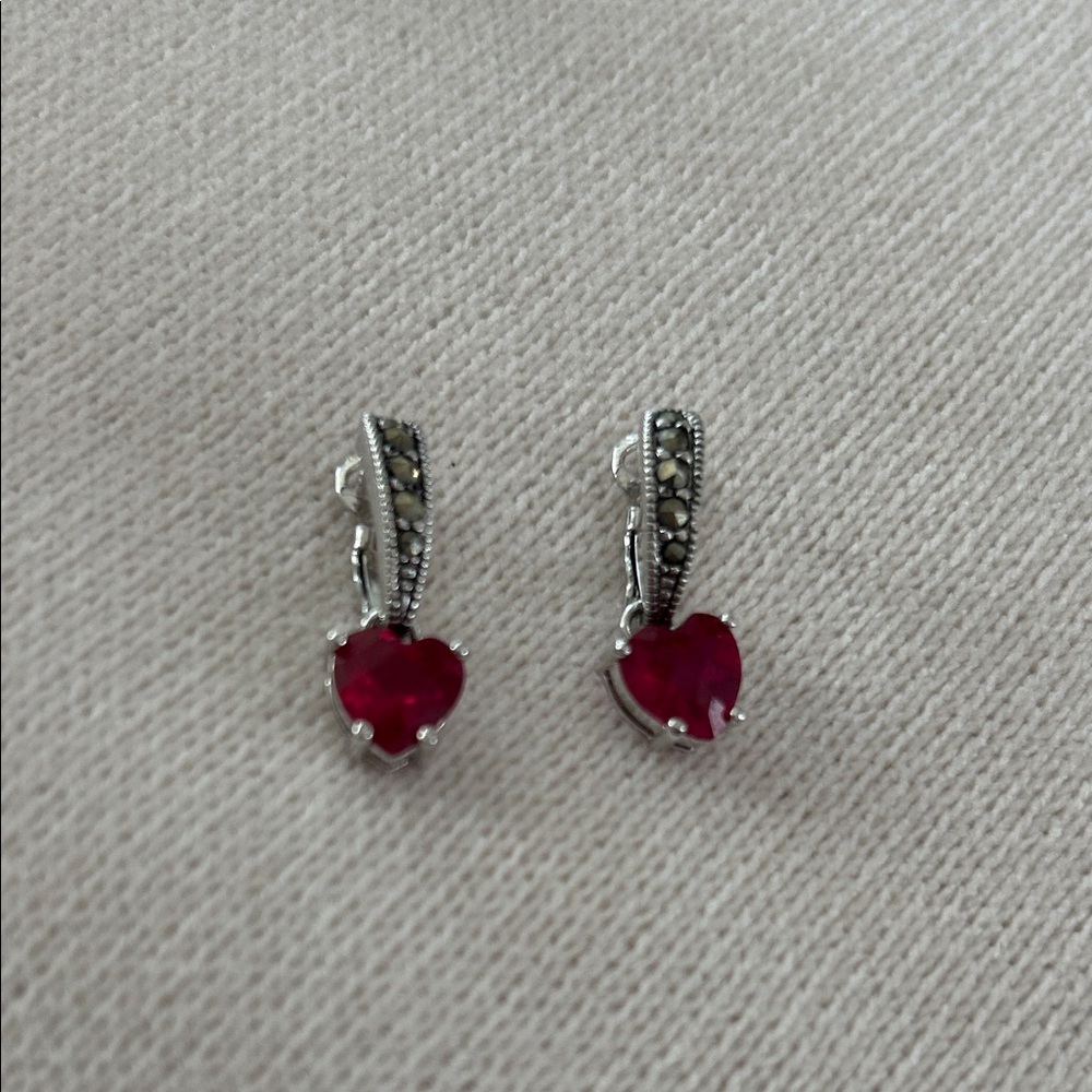 Elegant Silver and Red Heart Earrings